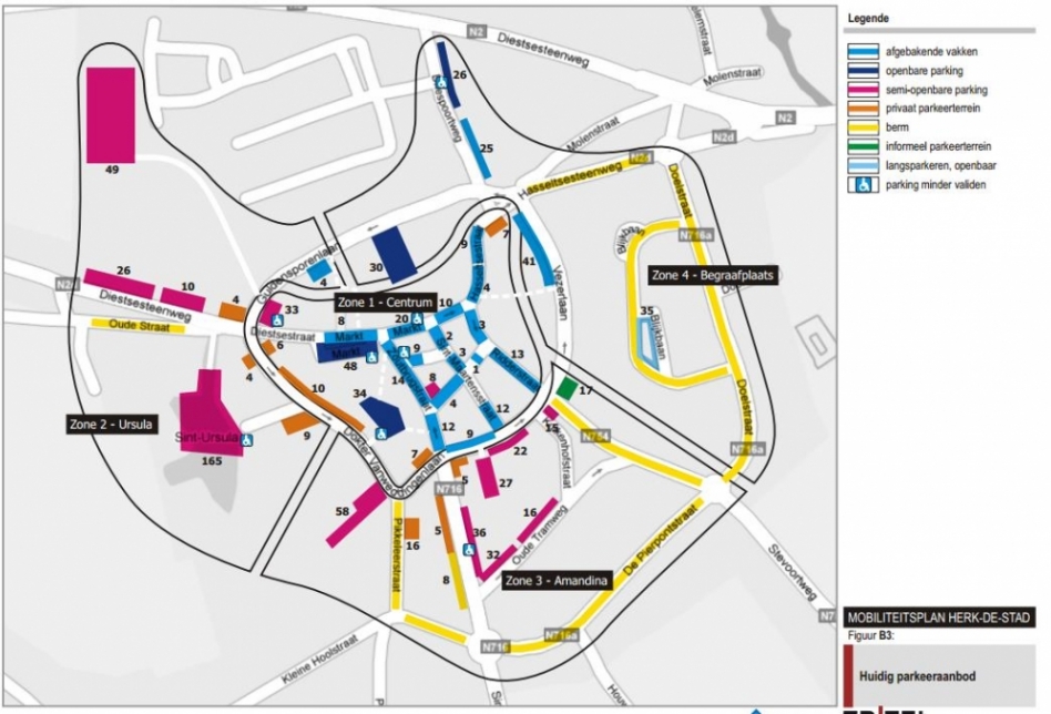 Kaartje parkeerplaatsen Herk Centrum